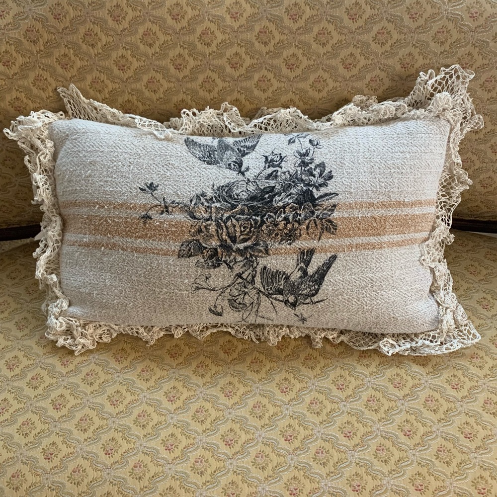 Vintage grain sack pillow with lovely birds